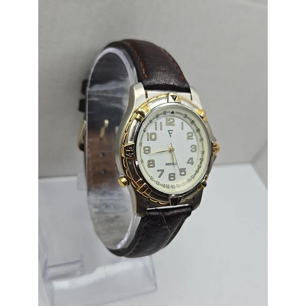 Timex Indiglo Easy Reader Mens Watch Two Tone Rotating Bezel Leather New Battery